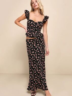 Lulus Floral Black Maxi Skirt Set
